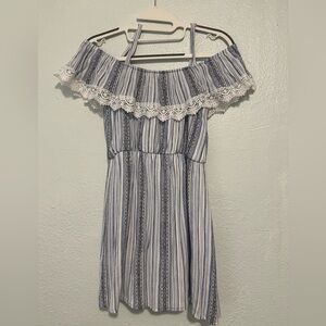 Rare Editions Blue and White Striped Dress with Lace Detail Size 12